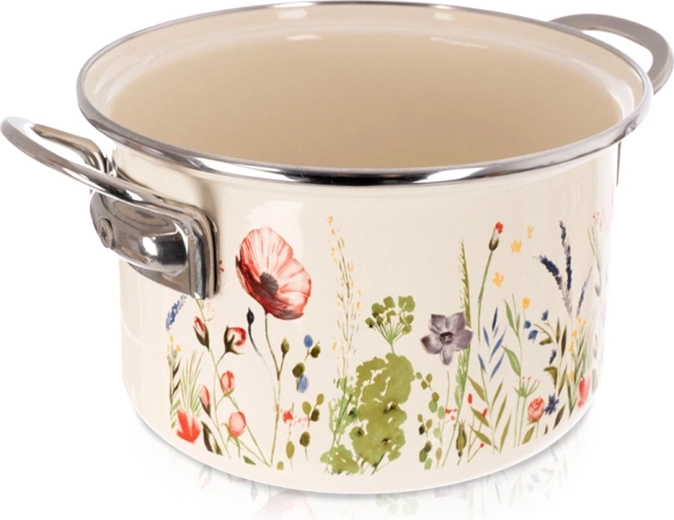 Kreminis emaliuotas puodas su aguonų motyvu 18 cm, 2 l