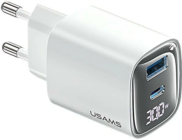 30 W GaN tinklo įkroviklis su LED ekranu, USB + USB‑C, baltas