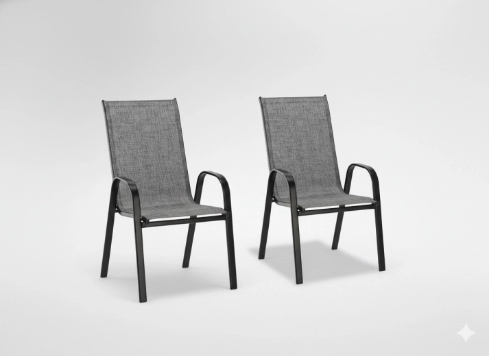 Set of 2 garden armchairs with grey textilene and black steel frame