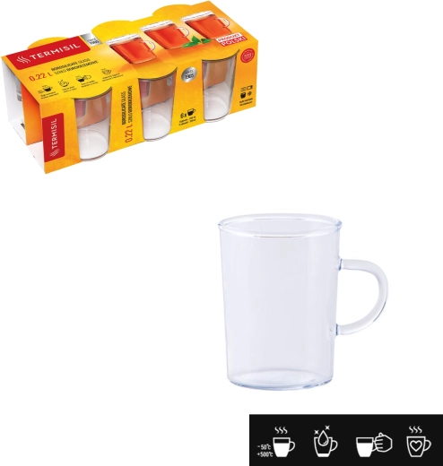 Karščiui atsparios stiklinės su ąsele 220 ml – kūgio formos, borosilikatinis stiklas, rinkinys 6 vnt.