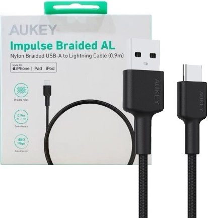 AUKEY USB‑C į USB‑A kabelis 0,9 m, 60 W PD, nailoninis pintas apvalkalas, juodas
