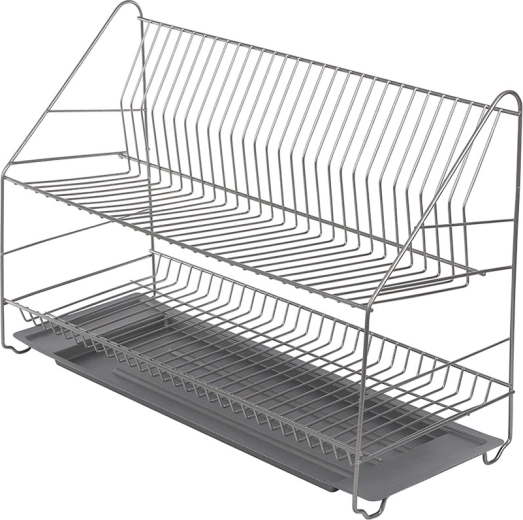 Two-tier dish drying rack 60 cm, silver, with drip tray