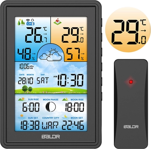 Skaitmeninė meteorologinė stotis su belaidžiu jutikliu ir DCF laiku – juoda