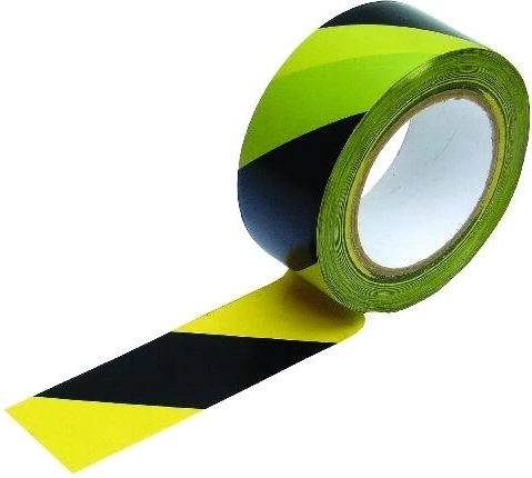 Self-adhesive warning tape yellow-black, left-slant stripes 48 mm × 33 m