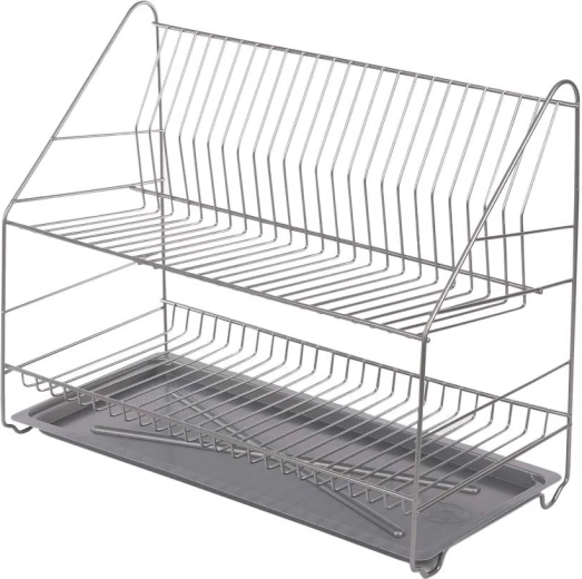 Metpol two-tier dish drying rack 50 cm, silver, with drip tray