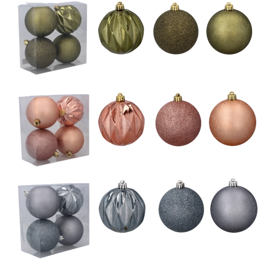 Set of 4 Christmas ornaments 8 cm – olive, copper, and graphite