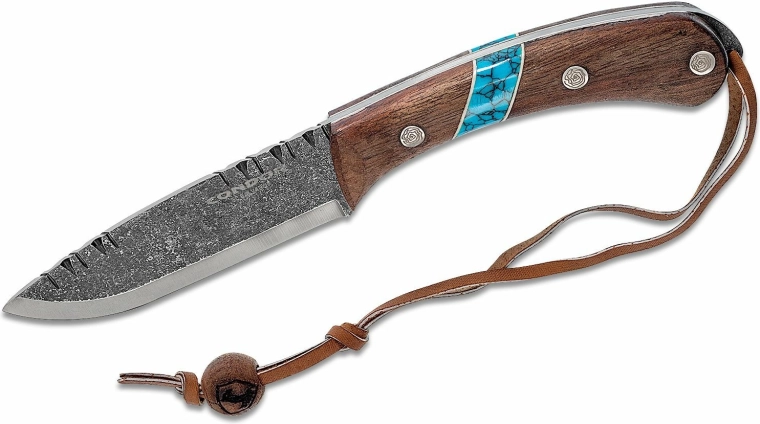 Condor Blue River Hunting Knife with Leather Sheath, Walnut Wood and Turquoise, 11 cm
