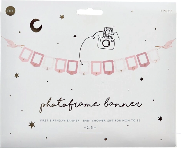 Paper photo garland with stork “Girl” pink 3 m