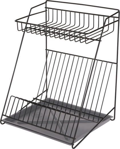 Two-tier dish drying rack with drip tray, black, 30 cm