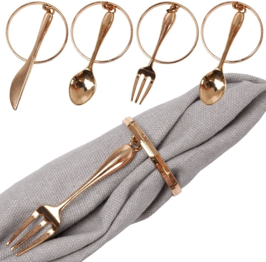 Metallic Gold Napkin Rings with Hanging Cutlery Charms, 4 cm, Set of 4