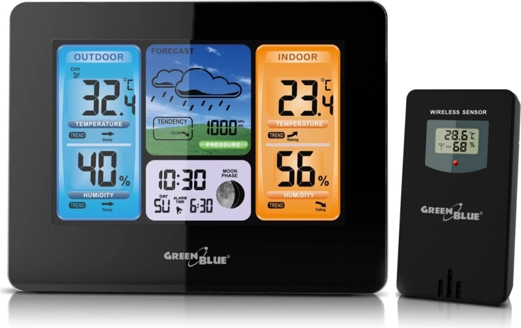 Belaidė spalvota meteorologinė stotis su DCF ir Mėnulio fazėmis GREENBLUE GB526