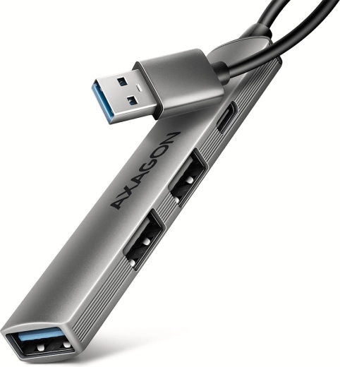 Axagon hue-sta aliumininis USB šakotuvas 4× prievadai (1× USB‑A 5 Gbps, 2× USB‑A 2.0, 1× USB‑C 2.0) su 12 cm kabeliu
