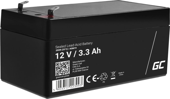 Nereikalaujanti priežiūros AGM VRLA baterija GREEN CELL 12 V 1,3 Ah signalizacijoms, kasoms ir žaislams