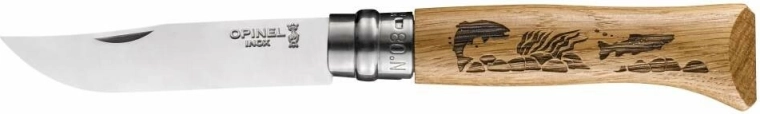 Opinel No.08 Inox Animalia pocket knife with fish motif, oak wood, 8.5 cm