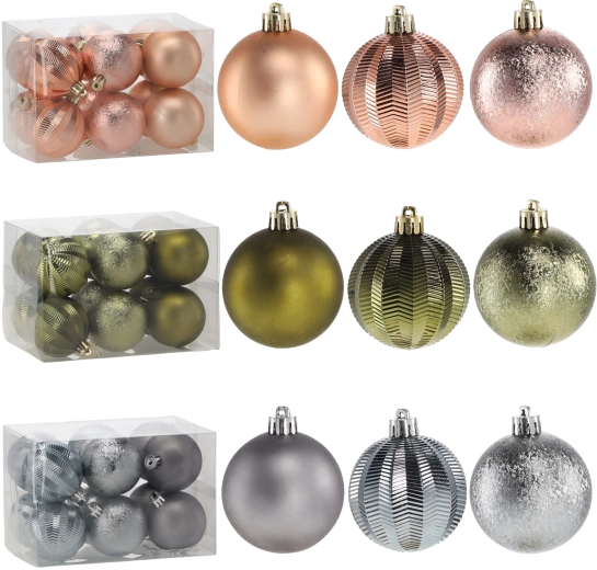 Set of 12 shatterproof Christmas ornaments 6 cm – olive, copper, and graphite