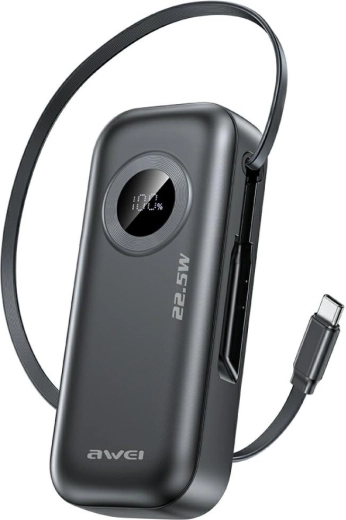 Awei powerbankas PA-9 10 000 mAh 22,5 W su integruotu USB‑C kabeliu, juodas