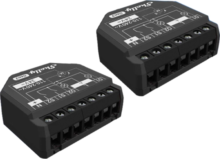 Shelly 2PM Gen3 rinkinys iš 2 išmaniųjų dviejų kanalų Wi‑Fi/Bluetooth jungiklių