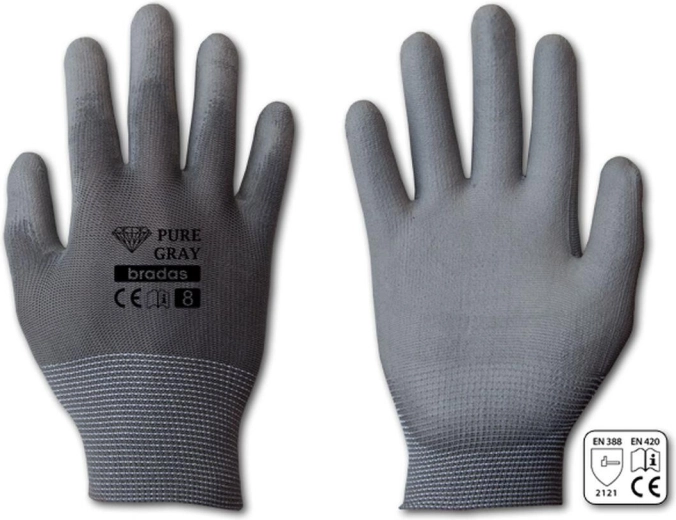 Protective Gloves Pure Gray PU, Size 8