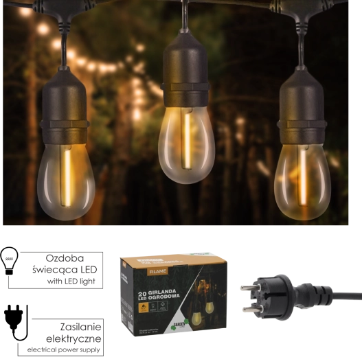 FILAME 20 m Outdoor LED String Light with 20 E27 Bulbs, Warm White