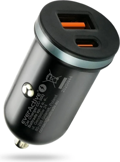 Kompaktiškas automobilinis įkroviklis everActive CC-30Q 35 W su USB-A QC 3.0 ir USB‑C PD, juodas