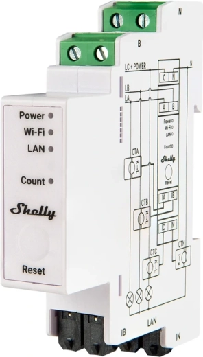 Shelly Pro 3EM Matter three-phase energy meter 120 A for DIN rail
