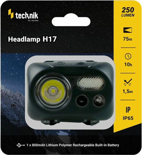 Technik MT-H17 galvos žibintas su gumuotu paviršiumi, LED CREE L2, Micro-USB, raudona šviesa