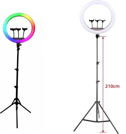 RGB LED žiedinė lempa ant stovo su 3 telefono laikikliais (45 cm)