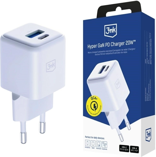 3mk Hyper GaN Wall Charger 20 W USB-A and USB-C White