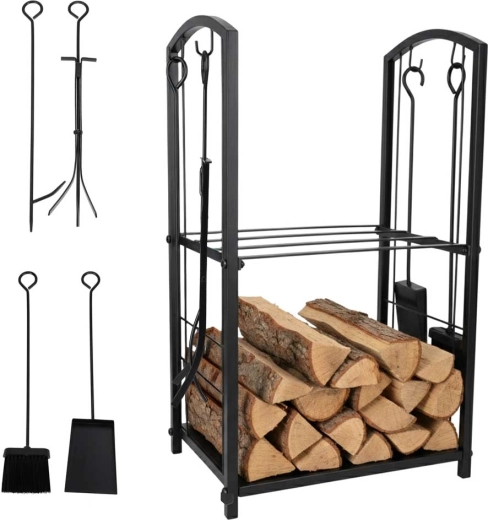 Metal firewood rack with tools and shelves