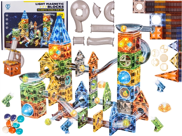 Magnetic building set with marble run and glowing elements – 174 pieces