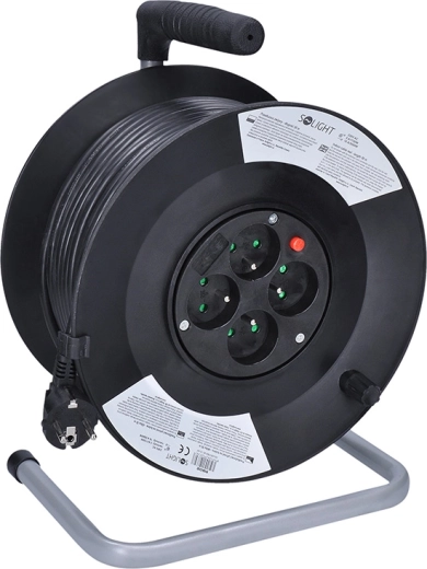Solight 50 m Cable Reel Extension Lead with 4 Sockets, Black Cable