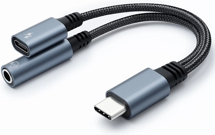USB-C adapteris 2-i-1 su 3,5 mm lizdu ir PD 15 W – 10 cm