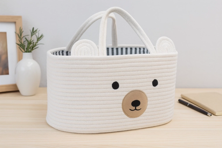 Textile toy basket with ears – white organizer with animal design 32 × 22 × 20 cm