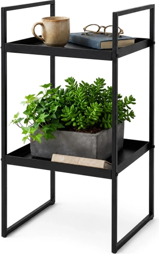 Juodas metalinis šoninis staliukas su dviem lentynomis 27 × 27 × 54 cm