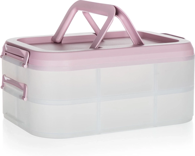 Plastic two-tier party box with handles 40 × 28 × 17.8 cm, transparent/pink