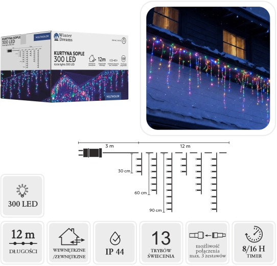 Šviesos užuolaida „varvekliai“ (lašai) 300 LED, įvairiaspalvė, 3 × 12 m – 1 vnt.