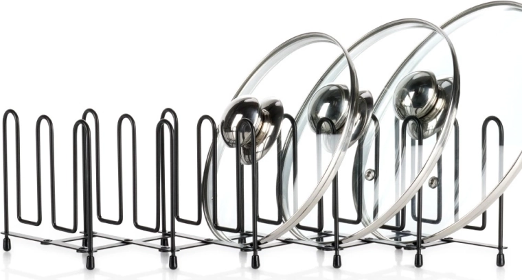 Išskleidžiamas metalinis dangčių ir lėkščių stovas, juodas, 8–74 cm