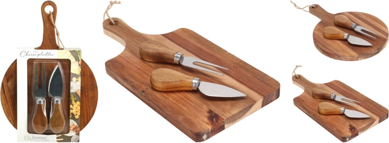Cheese board with stainless-steel knife and fork, made of acacia