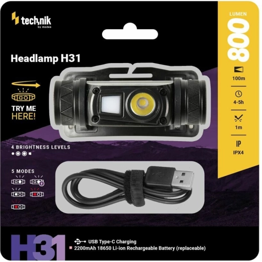 Technik MT-H31 galvos žibintuvėlis su OSRAM P9 LED, raudona šviesa ir USB-C (800 lm)