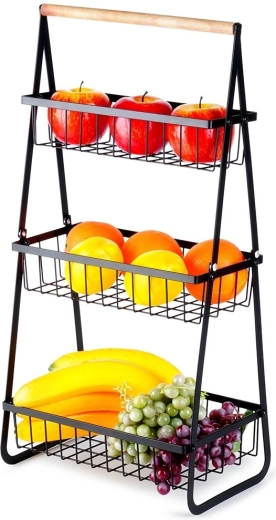 Three-tier metal fruit basket, black