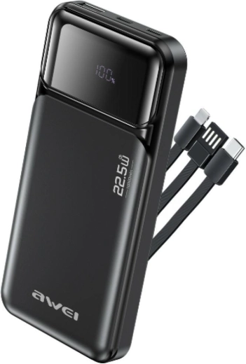 Awei išorinė baterija (powerbank) 10000 mAh su integruotais kabeliais