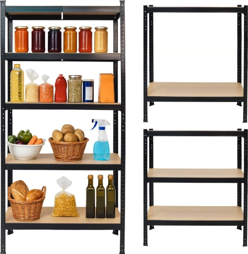 Metalinis sandėliavimo stelažas 2in1 juodos spalvos, 5 MDF lentynos 180 × 90 × 40 cm