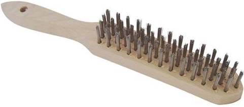 Handheld stainless steel wire brush with curved wooden handle
