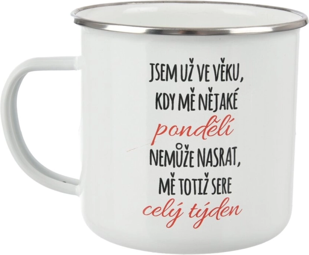 Emaliuotas skardinis puodelis „Pirmadienis“ 500 ml, baltas