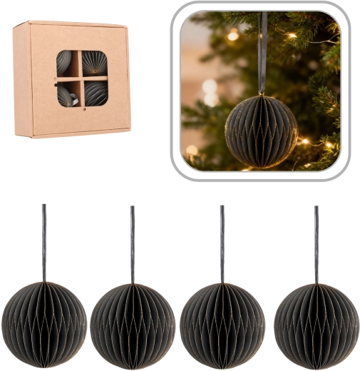 Pilkos popierinių kalėdinių dekoracijų rinkinys 8 cm (4 vnt.)