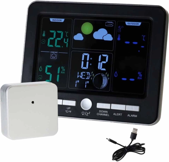 Belaidė meteorologinė stotelė su termometru, higrometru ir žadintuvu, USB
