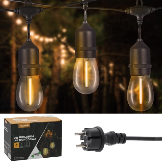 Sodo šviesos girlianda 20 m, 20× LED E27, šiltai balta, IP44