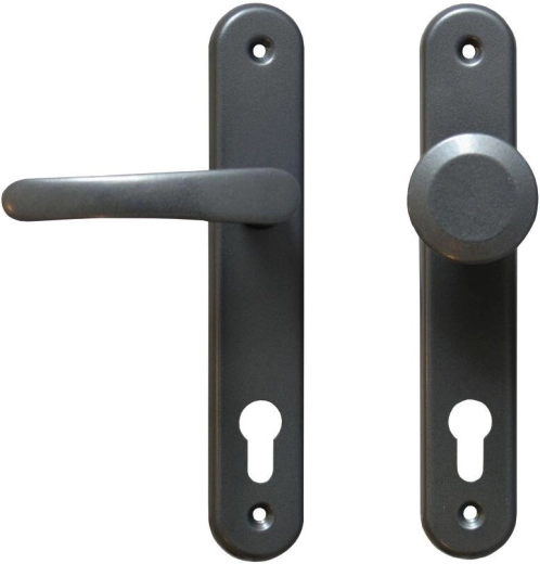 MICHAELA door hardware with handle and fixed knob, 90 mm cylinder spacing, grey