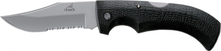 Gerber Gator kišeninis turistinis peilis 9,5 cm su dantyta briauna, juodas, GFN, nailoninis dėklas