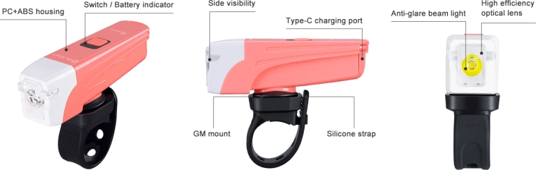Priekinis dviračio žibintas OLIGHT Wyvern rožinis, 300 lm, USB‑C